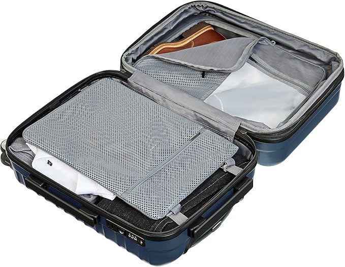 Amazon Basics 21-inch Carry On Luggage, Suitcase With Wheels (8 Spinner Wheels), TSA Lock, Expandable Capacity, Interior Divider and Pocket For Dry and Damp Clothes, Navy Blue