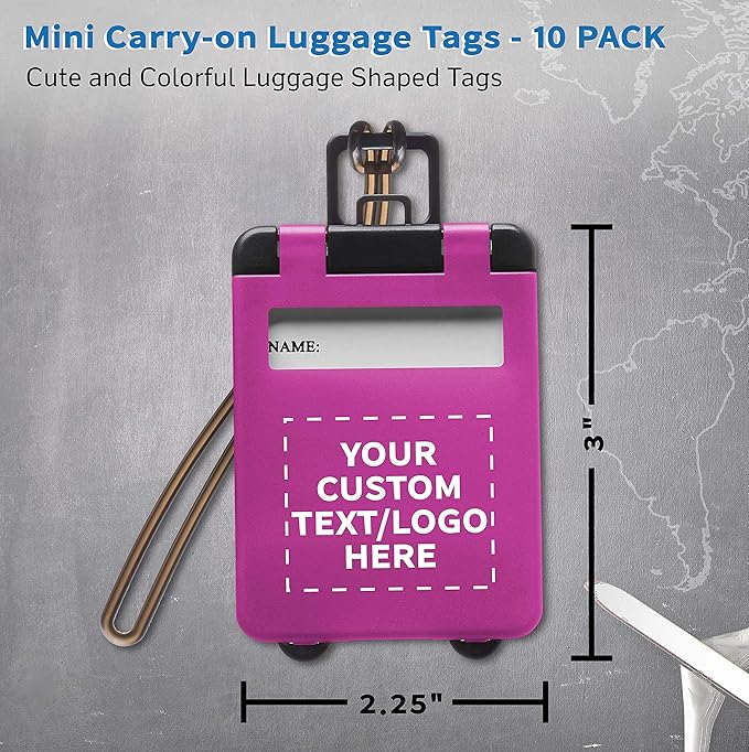 10 Mini Carry-on Luggage Tags Pack - Customizable Text, Logo - Flip Open Cover, ID Sticker - Purple
