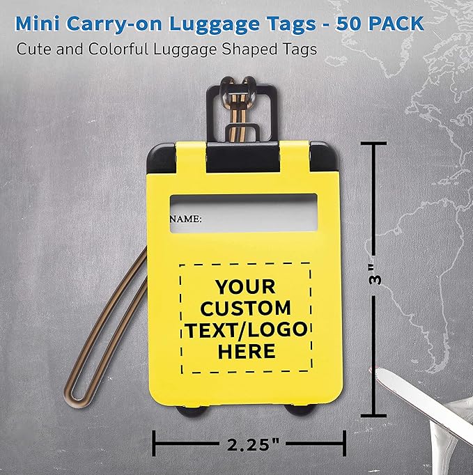 50 Mini Carry-on Luggage Tags Pack - Customizable Text, Logo - Flip Open Cover, ID Sticker - Yellow