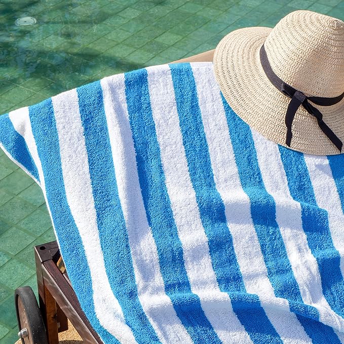 Arkwright California Cabana Stripe Beach Towel Bulk - Case of 24, Large Soft Quick Dry Cotton Terry Towels Set for Pool, Swim, and Hot Tub, Oversized 30 x 70 in, Blue