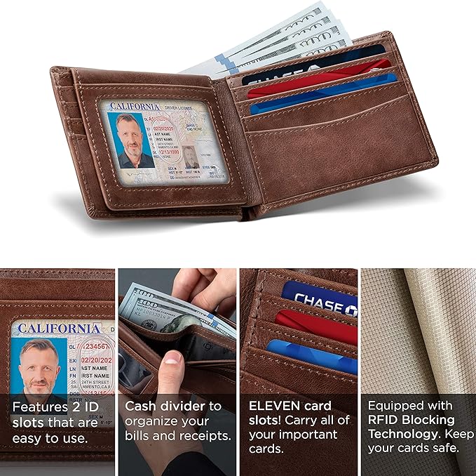 SERMAN BRANDS 2 ID Window Wallet for Men RFID Blocking Leather, Bifold Top Flip, Extra Capacity Travel Wallet