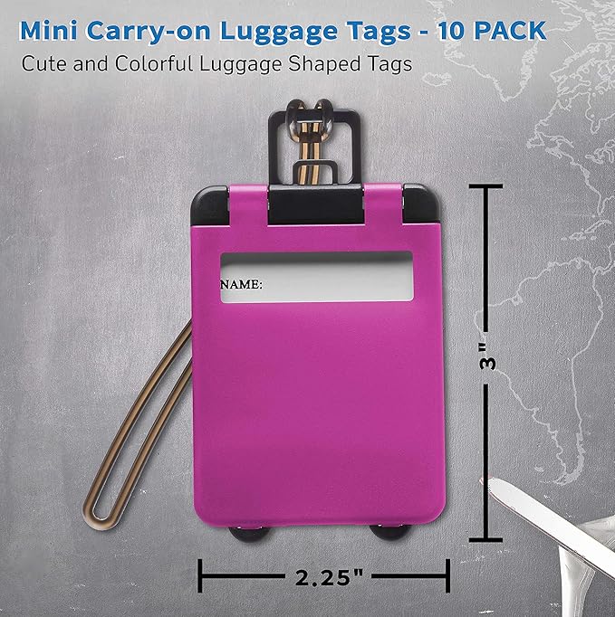 10 Mini Carry-on Luggage Tags Pack - Flip Open Cover, ID Sticker - Purple