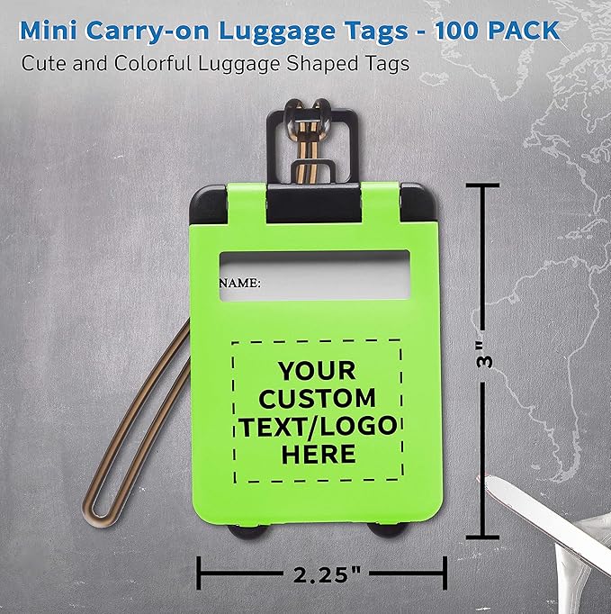 100 Mini Carry-on Luggage Tags Pack - Customizable Text, Logo - Flip Open Cover, ID Sticker - Lime Green