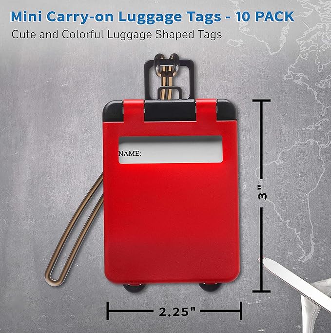 10 Mini Carry-on Luggage Tags Pack - Flip Open Cover, ID Sticker - Red