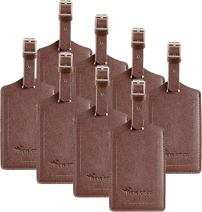 Travelambo 8 Pack Luggage Tags Faux Leather for Suitcases Travel Bag Labels Travel Accessories Essential with Protection Cover ID (Brown)