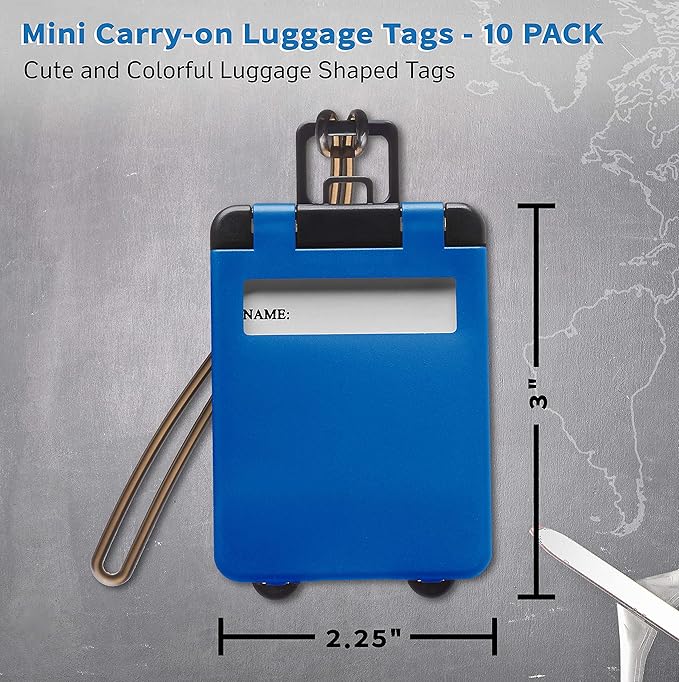 10 Mini Carry-on Luggage Tags Pack - Flip Open Cover, ID Sticker - Blue