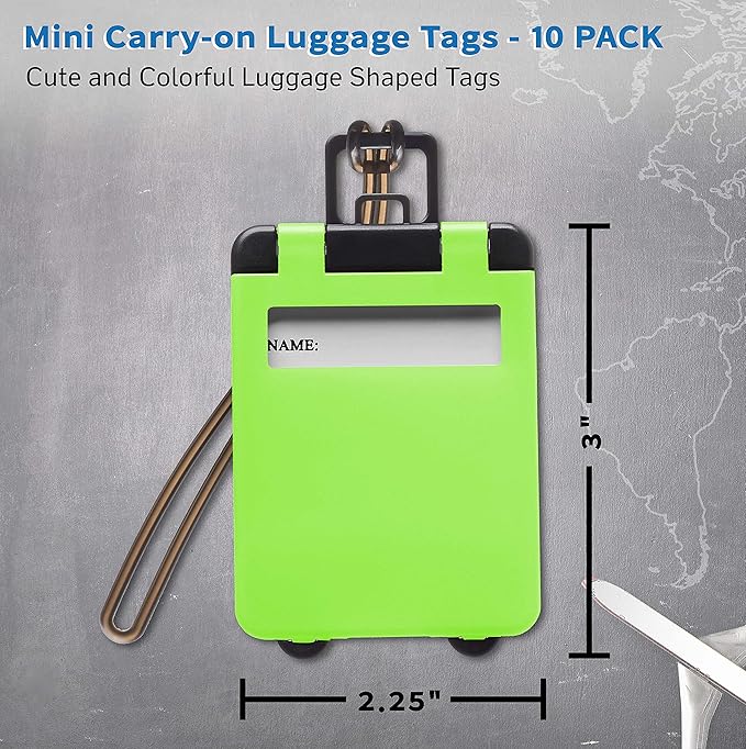 10 Mini Carry-on Luggage Tags Pack - Flip open cover, ID Sticker - Lime Green